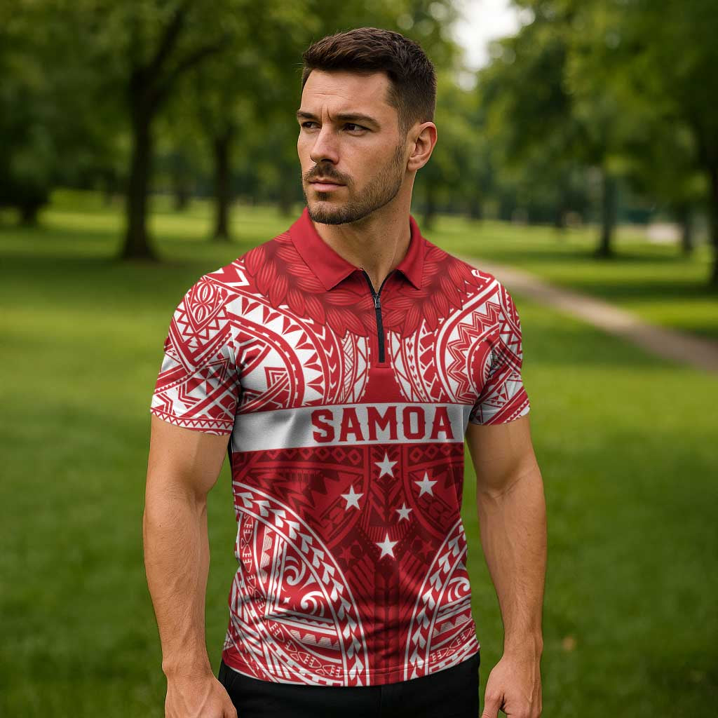 Personalised Toa Samoa Rugby Spirit Zipper Polo Shirt Red Samoan Tribal Pattern - Polynesian Pride