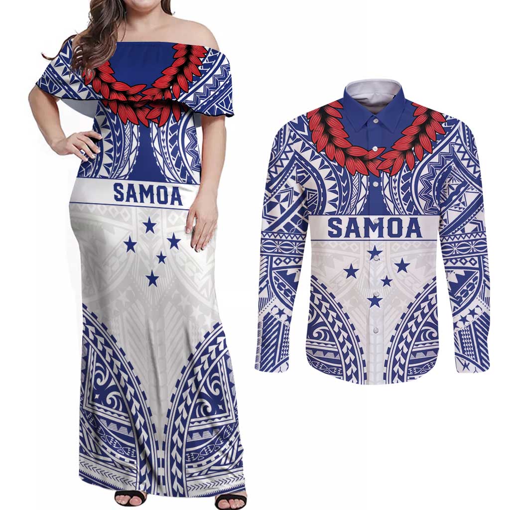 Personalised Toa Samoa Rugby Spirit Couples Matching Off Shoulder Maxi Dress and Long Sleeve Button Shirt White Samoan Tribal Pattern - Polynesian Pride