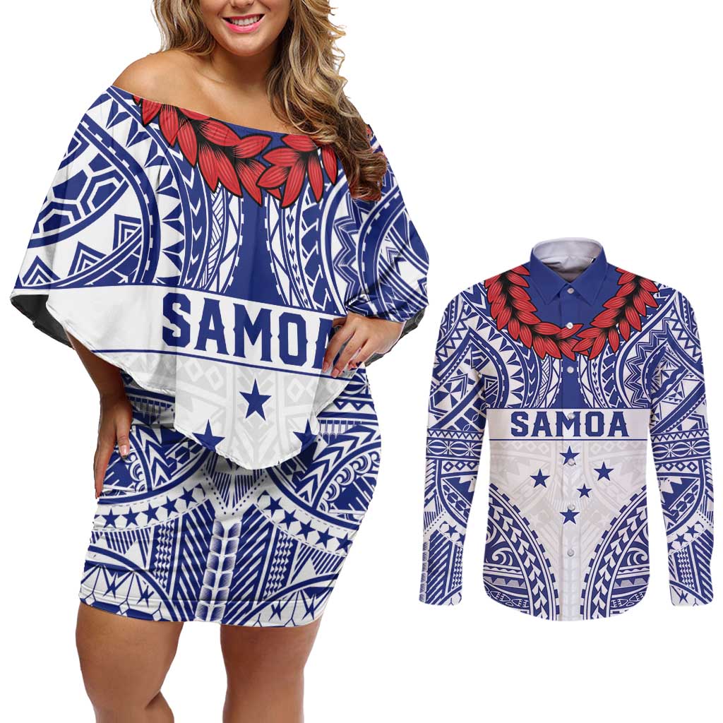 Personalised Toa Samoa Rugby Spirit Couples Matching Off Shoulder Short Dress and Long Sleeve Button Shirt White Samoan Tribal Pattern - Polynesian Pride