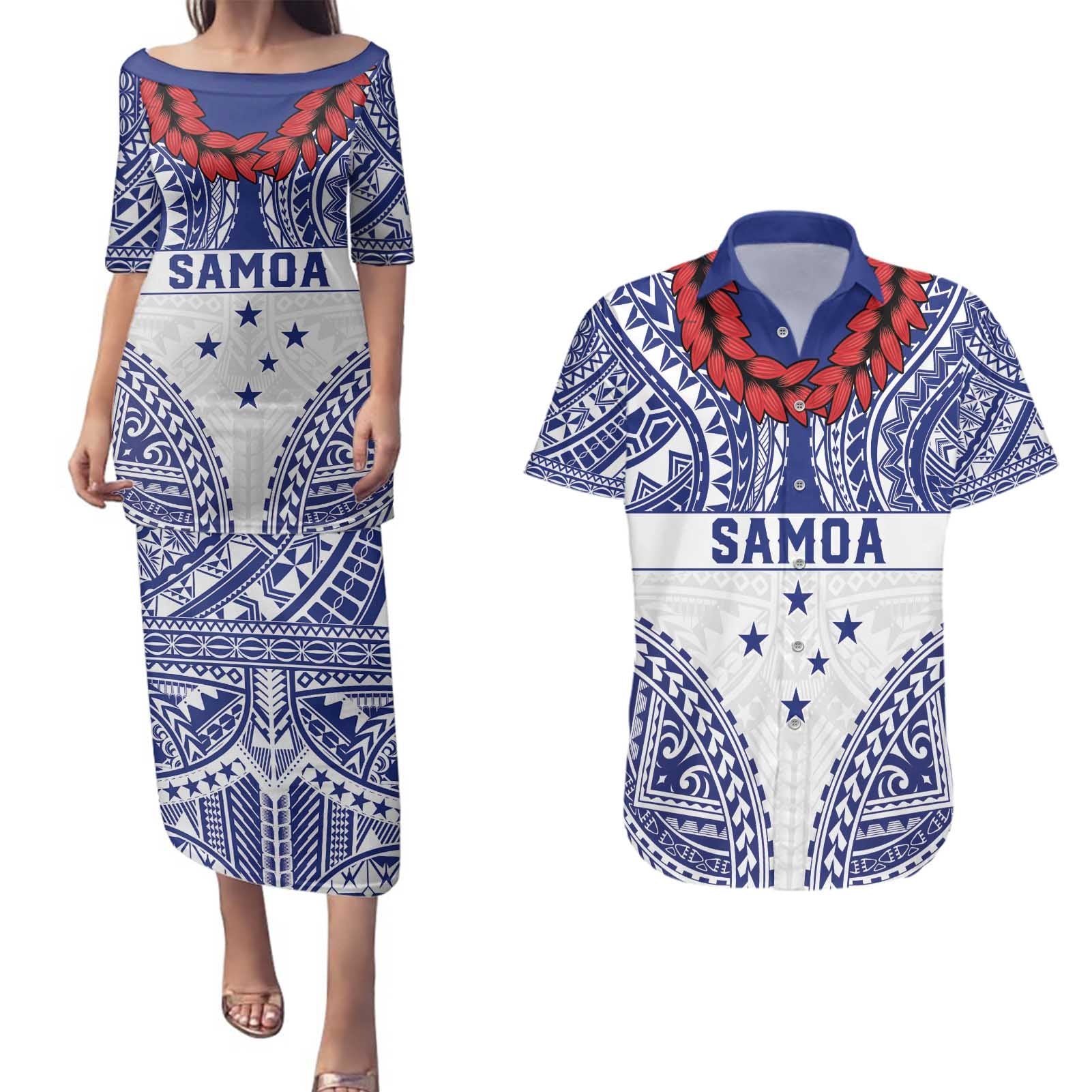 Personalised Toa Samoa Rugby Spirit Couples Matching Puletasi and Hawaiian Shirt White Samoan Tribal Pattern - Polynesian Pride
