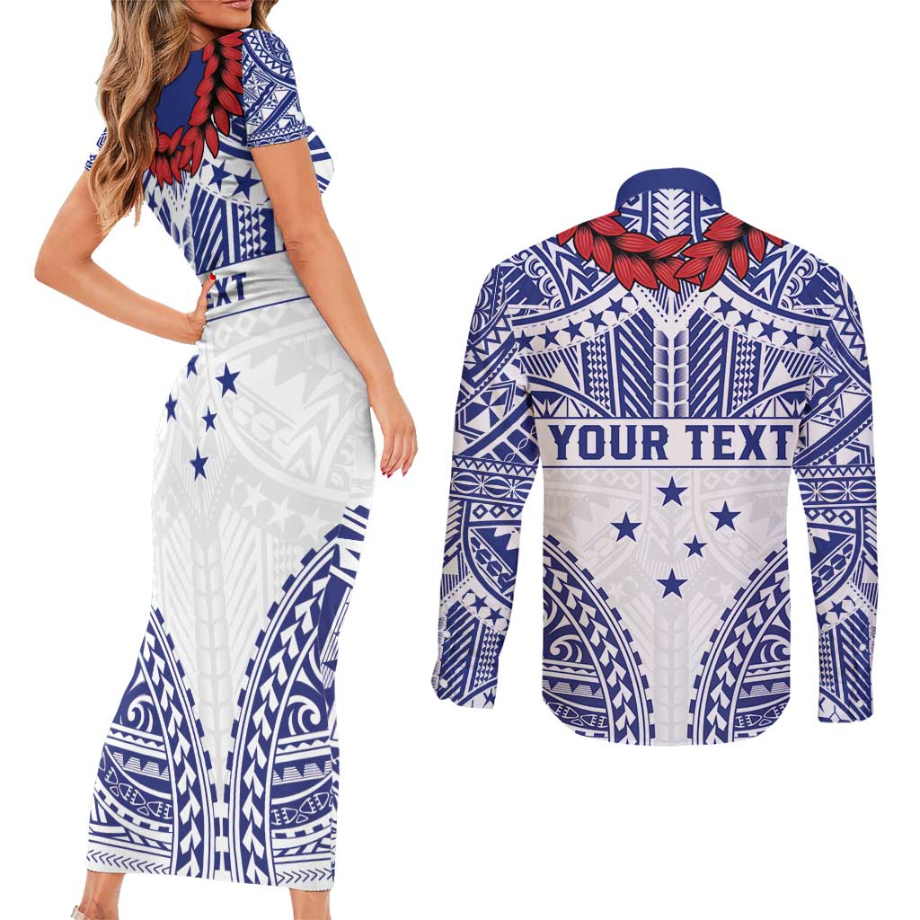 Personalised Toa Samoa Rugby Spirit Couples Matching Short Sleeve Bodycon Dress and Long Sleeve Button Shirt White Samoan Tribal Pattern - Polynesian Pride