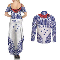 Personalised Toa Samoa Rugby Spirit Couples Matching Summer Maxi Dress and Long Sleeve Button Shirt White Samoan Tribal Pattern - Polynesian Pride