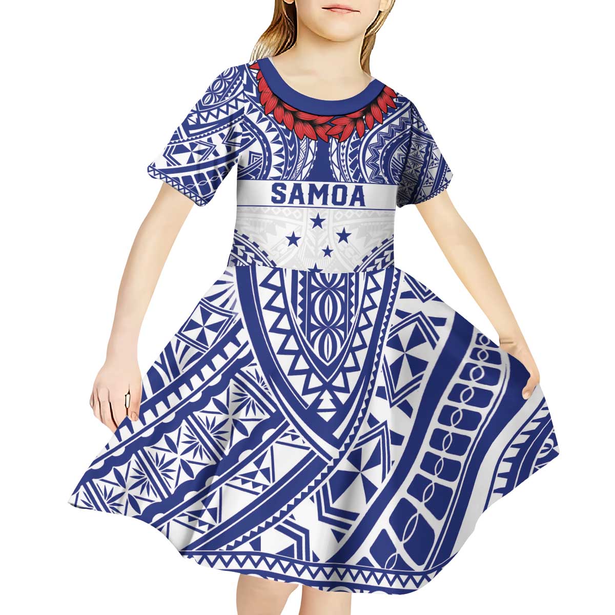 Personalised Toa Samoa Rugby Spirit Kid Short Sleeve Dress White Samoan Tribal Pattern - Polynesian Pride