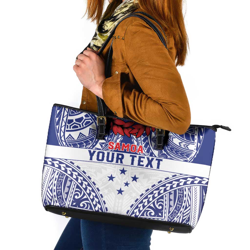 Personalised Toa Samoa Rugby Spirit Leather Tote Bag White Samoan Tribal Pattern - Polynesian Pride