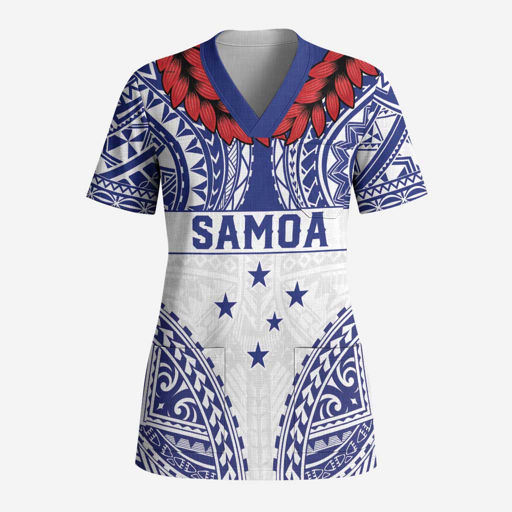 Personalised Toa Samoa Rugby Spirit Scrub Top White Samoan Tribal Pattern - Polynesian Pride