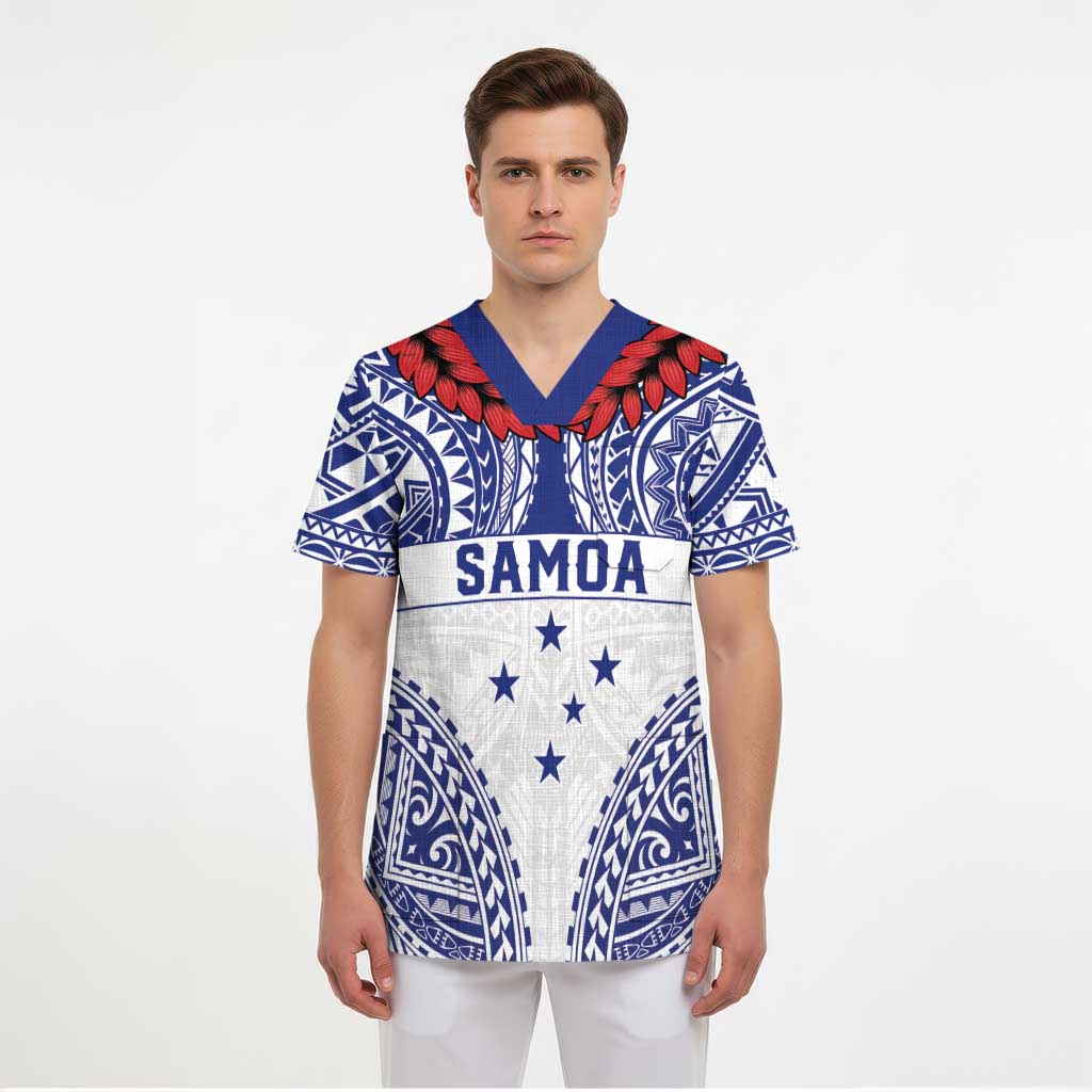 Personalised Toa Samoa Rugby Spirit Scrub Top White Samoan Tribal Pattern - Polynesian Pride