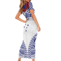 Personalised Toa Samoa Rugby Spirit Short Sleeve Bodycon Dress White Samoan Tribal Pattern - Polynesian Pride