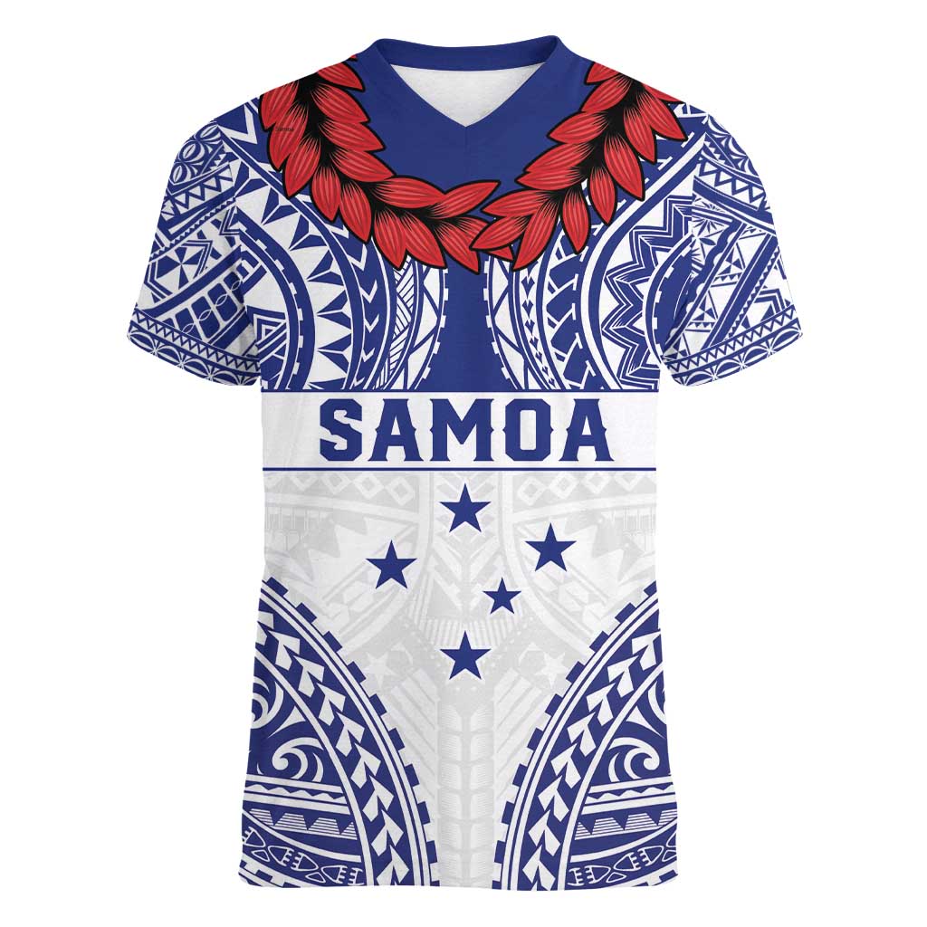 Personalised Toa Samoa Rugby Spirit Women V-Neck T-Shirt White Samoan Tribal Pattern - Polynesian Pride