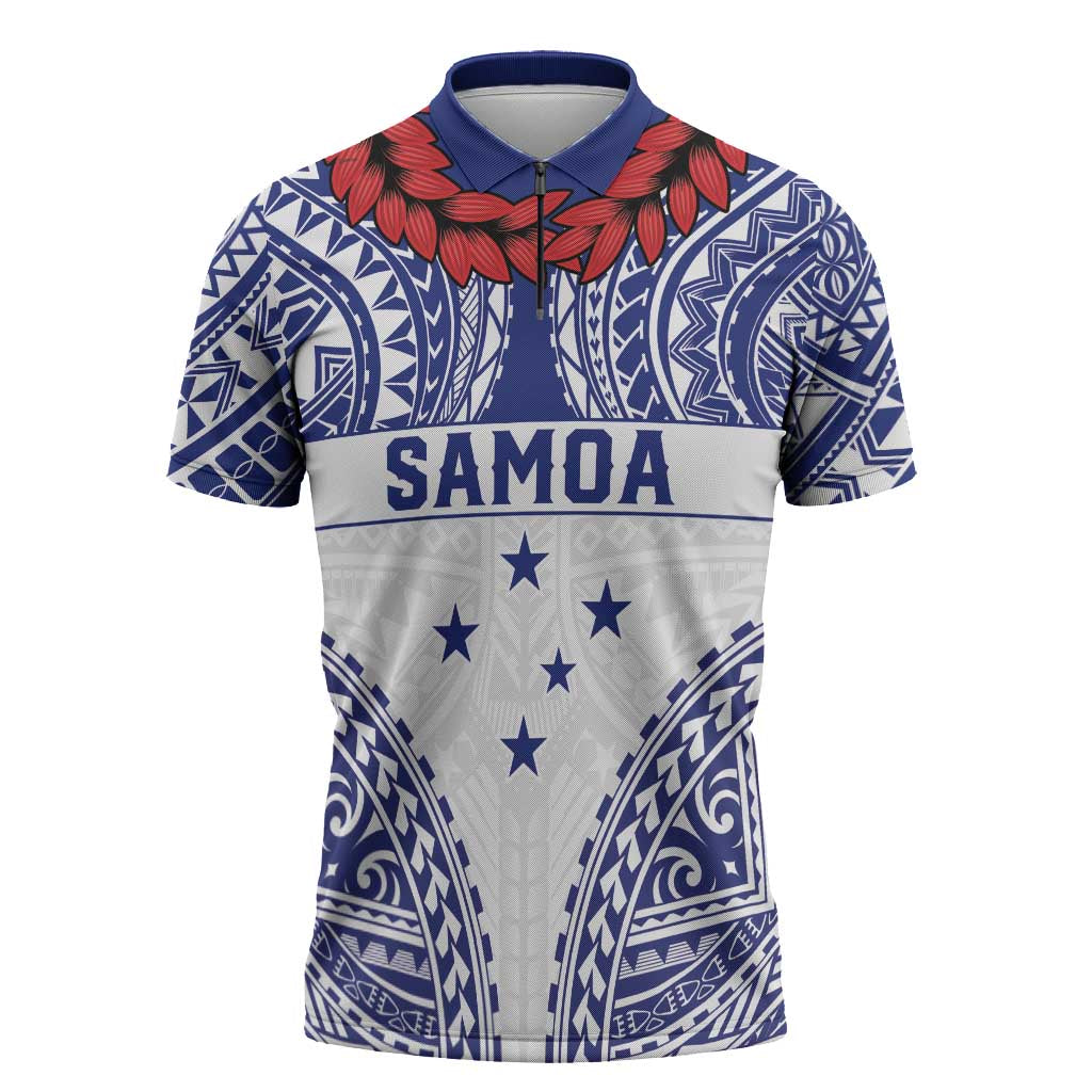 Personalised Toa Samoa Rugby Spirit Zipper Polo Shirt White Samoan Tribal Pattern - Polynesian Pride