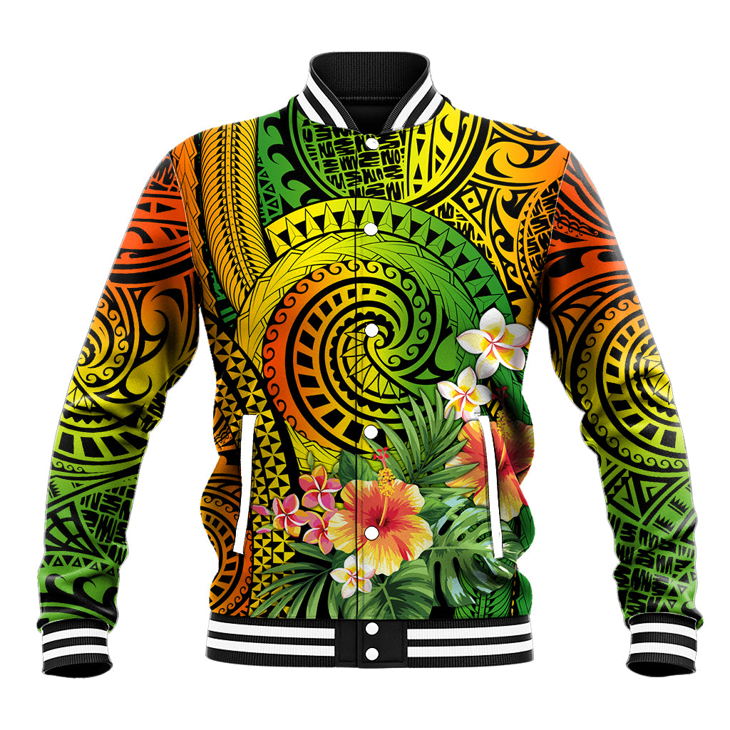 Polynesia Baseball Jacket Pasifika Tribal with Tropical Flowers LT9 Unisex Reggae - Polynesian Pride