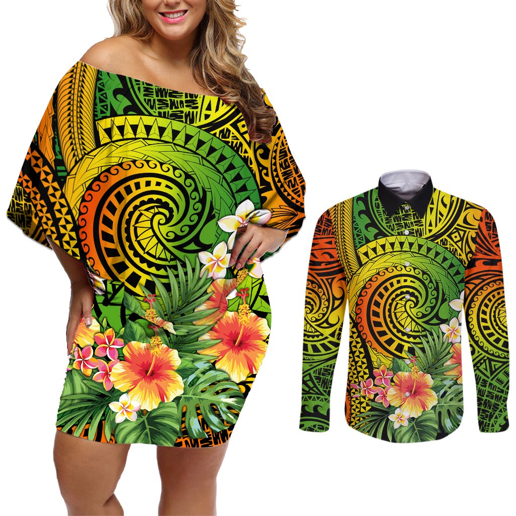 Polynesia Couples Matching Off Shoulder Short Dress and Long Sleeve Button Shirt Pasifika Tribal with Tropical Flowers LT9 Reggae - Polynesian Pride
