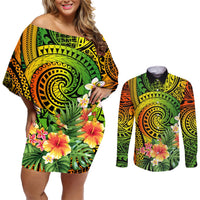 Polynesia Couples Matching Off Shoulder Short Dress and Long Sleeve Button Shirt Pasifika Tribal with Tropical Flowers LT9 Reggae - Polynesian Pride