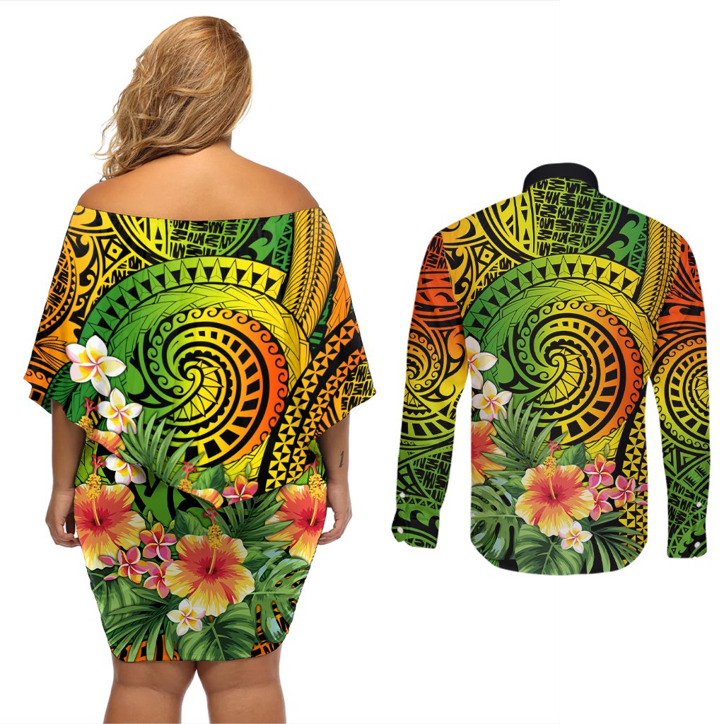 Polynesia Couples Matching Off Shoulder Short Dress and Long Sleeve Button Shirt Pasifika Tribal with Tropical Flowers LT9 - Polynesian Pride