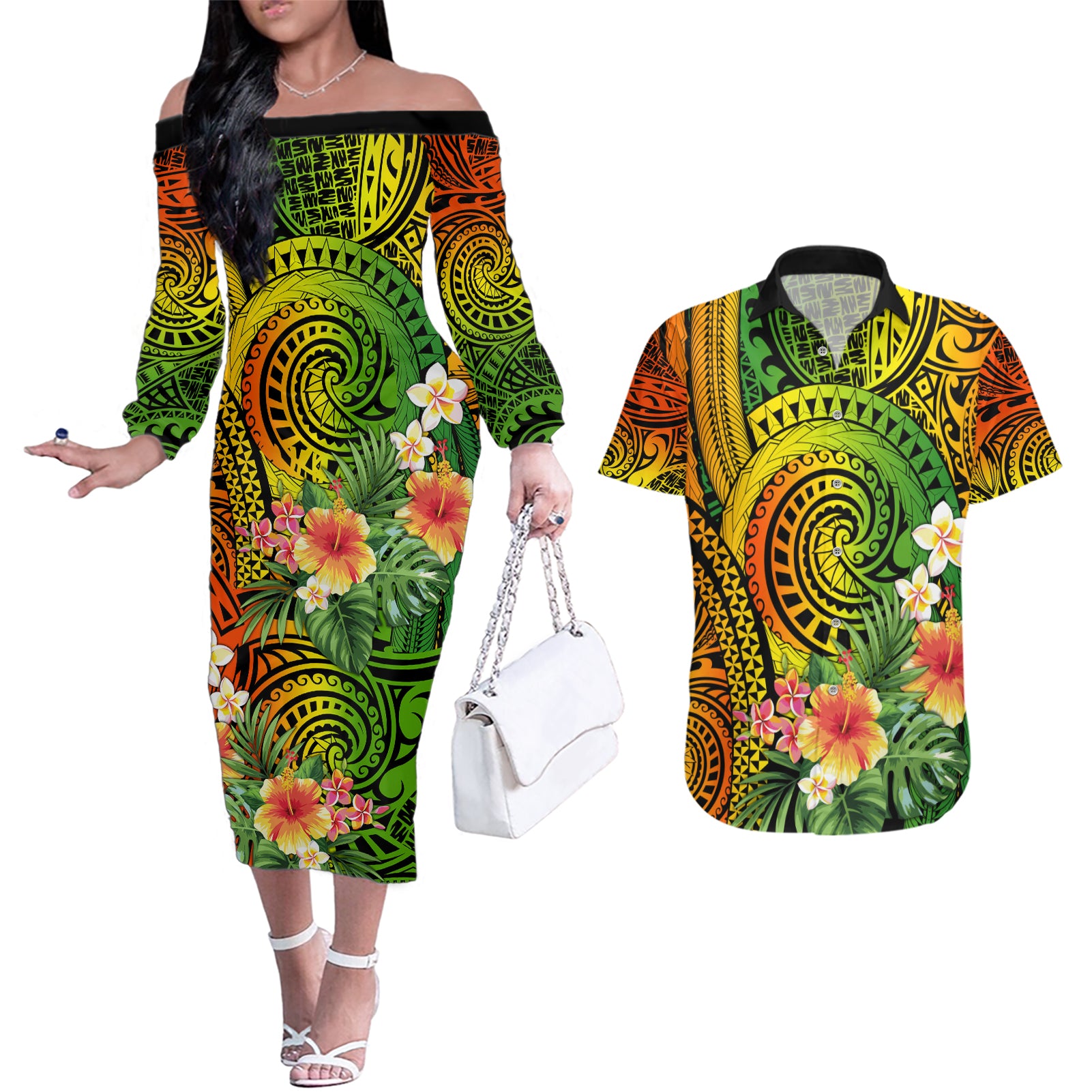 Polynesia Couples Matching Off The Shoulder Long Sleeve Dress and Hawaiian Shirt Pasifika Tribal with Tropical Flowers LT9 Reggae - Polynesian Pride