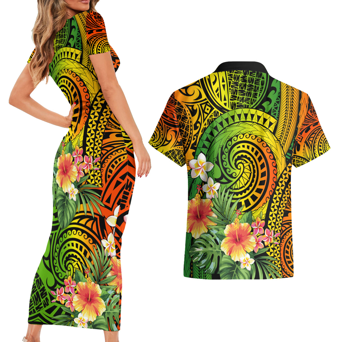 Polynesia Couples Matching Short Sleeve Bodycon Dress and Hawaiian Shirt Pasifika Tribal with Tropical Flowers LT9 - Polynesian Pride