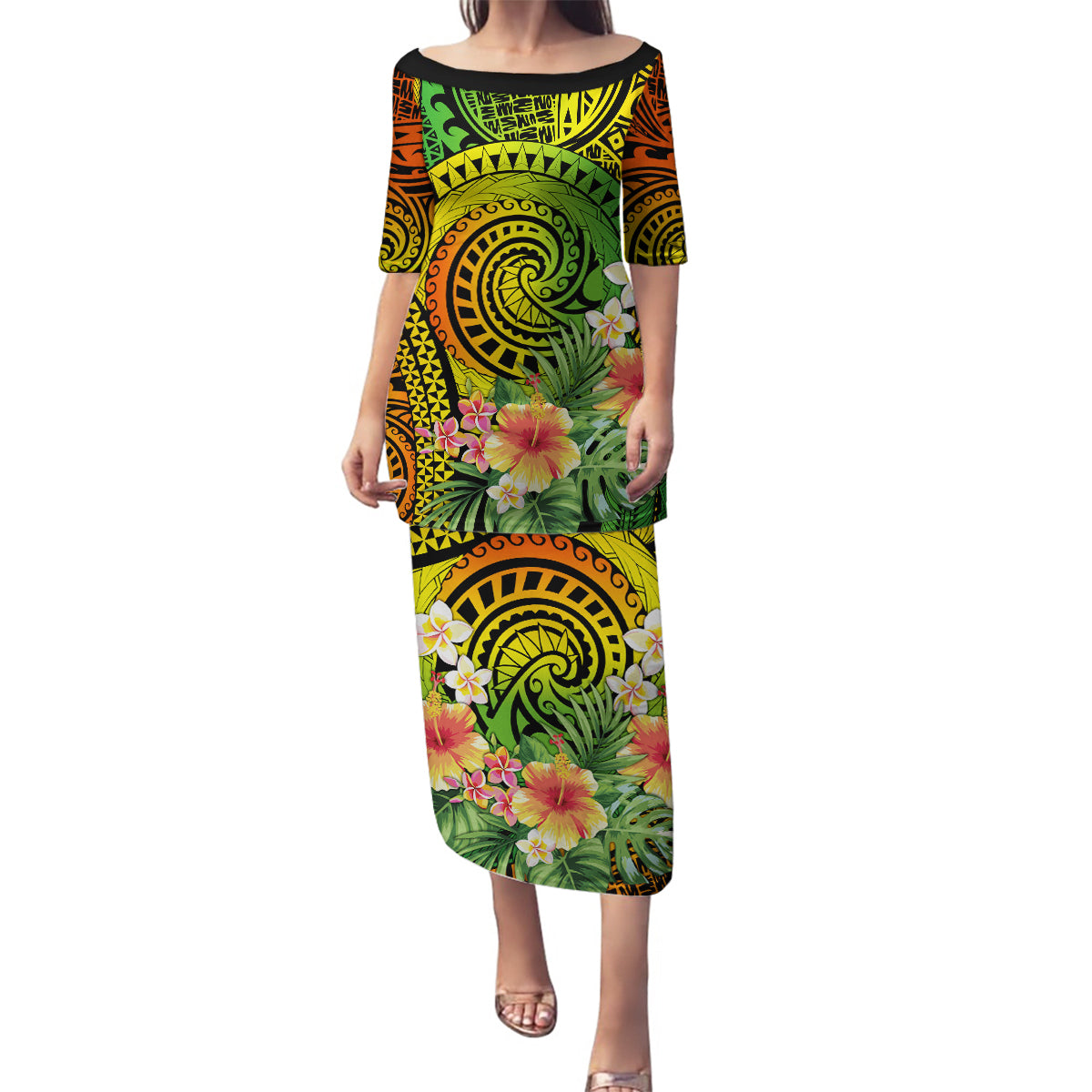 Polynesia Family Matching Puletasi Dress and Hawaiian Shirt Pasifika Tribal with Tropical Flowers LT9 Mom's Dress Reggae - Polynesian Pride
