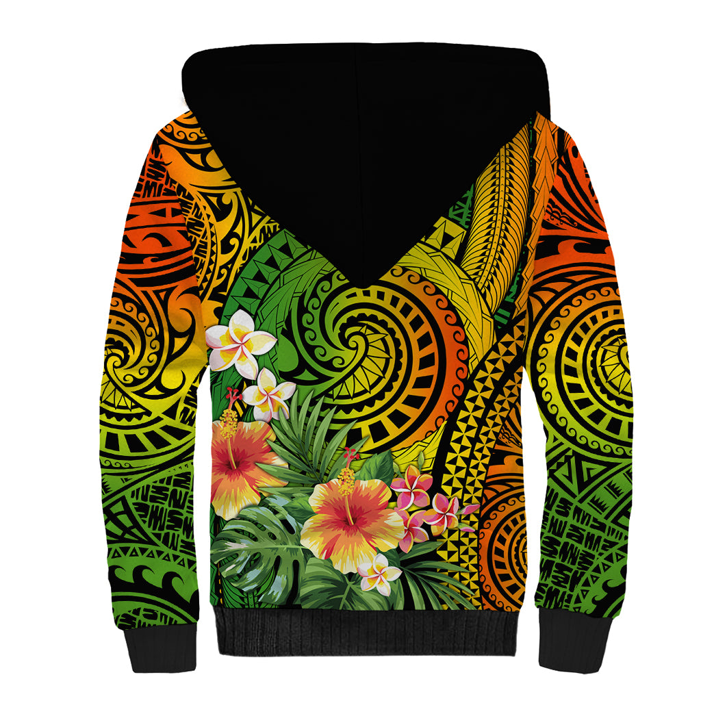 Polynesia Sherpa Hoodie Pasifika Tribal with Tropical Flowers LT9 - Polynesian Pride