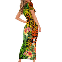 Polynesia Short Sleeve Bodycon Dress Pasifika Tribal with Tropical Flowers LT9 - Polynesian Pride