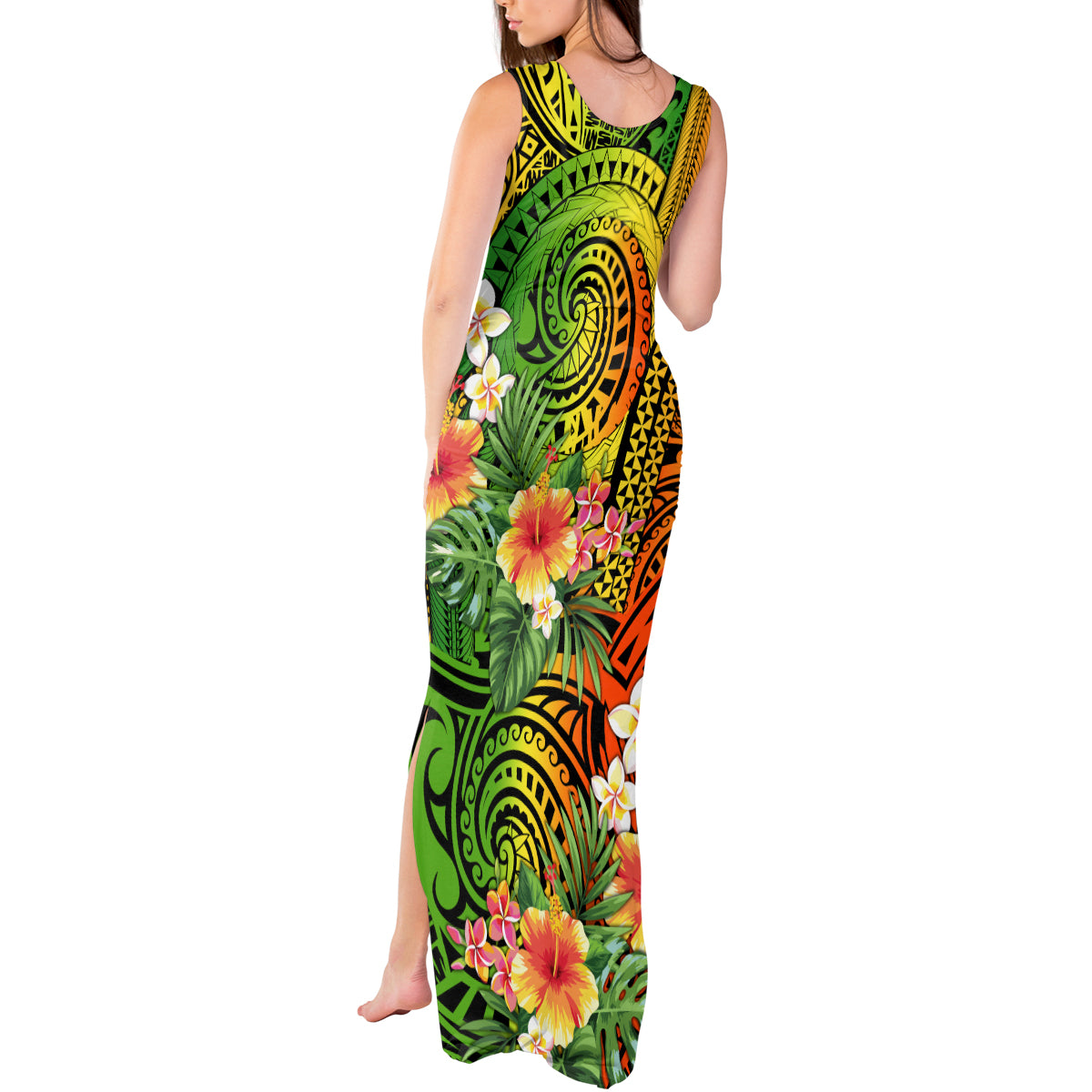 Polynesia Tank Maxi Dress Pasifika Tribal with Tropical Flowers LT9 - Polynesian Pride
