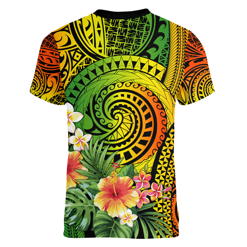Polynesia Women V Neck T Shirt Pasifika Tribal with Tropical Flowers LT9 - Polynesian Pride