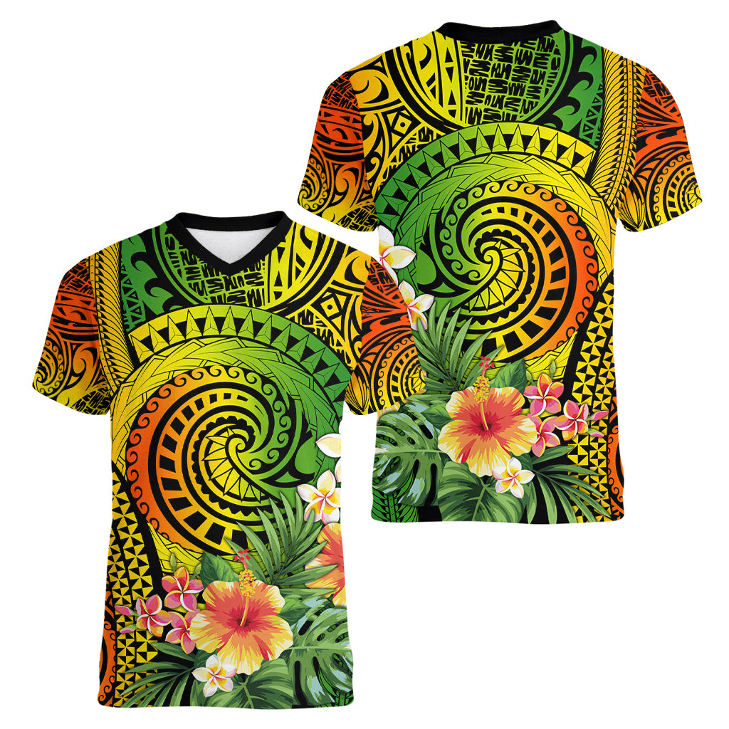 Polynesia Women V Neck T Shirt Pasifika Tribal with Tropical Flowers LT9 - Polynesian Pride