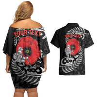 ANZAC Day Aotearoa Silver Fern Maori Personalised Couples Matching Off Shoulder Short Dress and Hawaiian Shirt