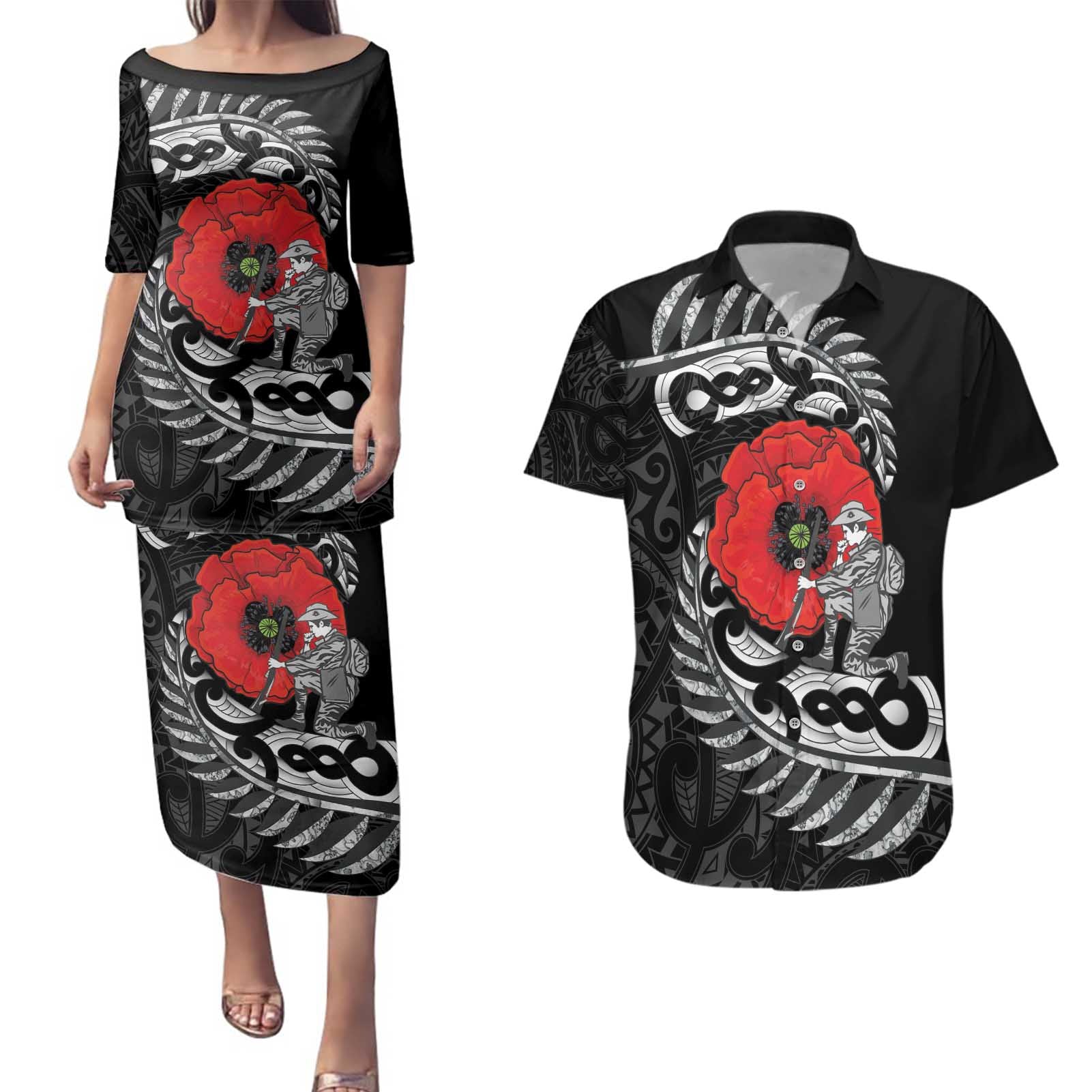 ANZAC Day Aotearoa Silver Fern Maori Personalised Couples Matching Puletasi and Hawaiian Shirt