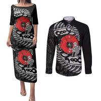 ANZAC Day Aotearoa Silver Fern Maori Personalised Couples Matching Puletasi and Long Sleeve Button Shirt LT9 Black - Polynesian Pride
