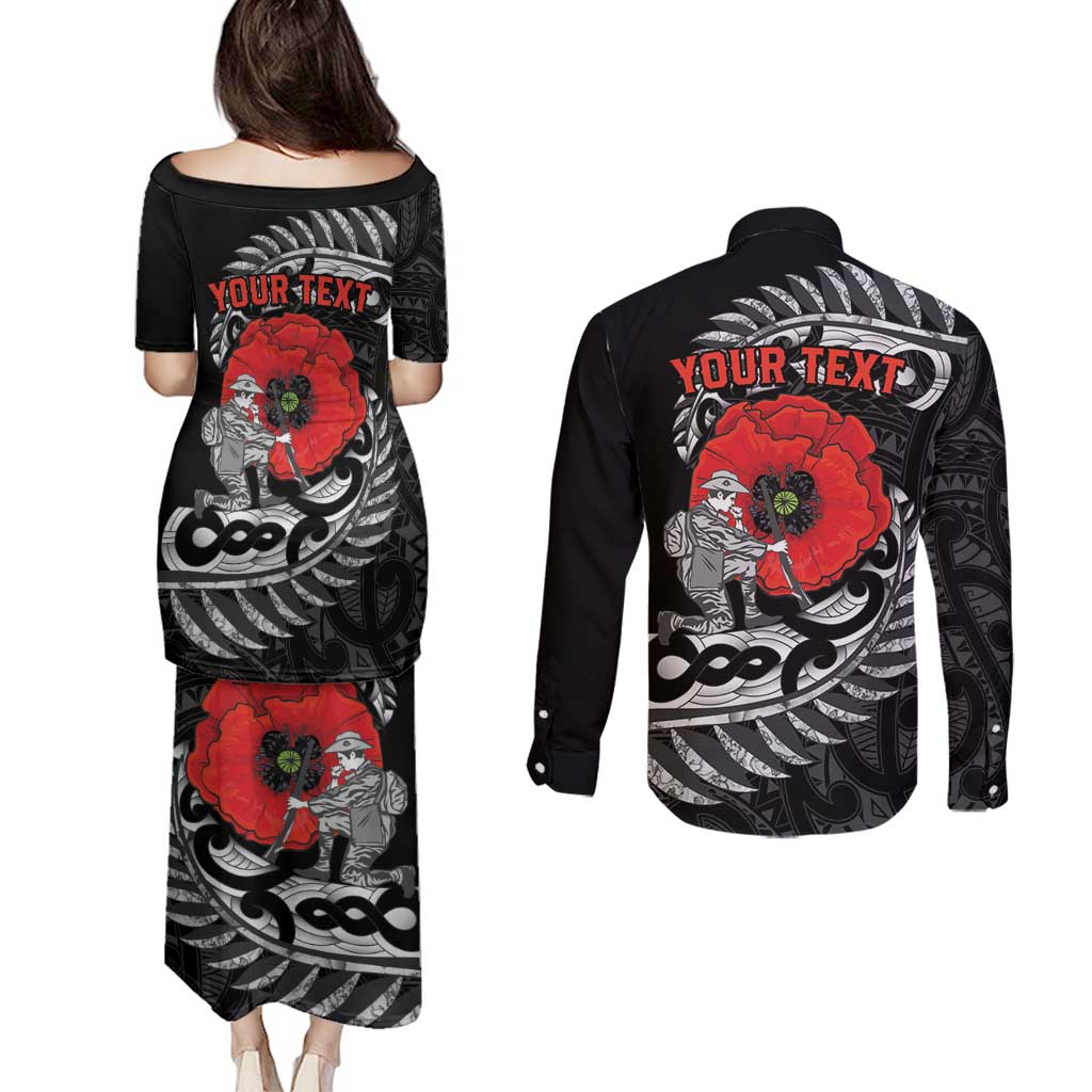 ANZAC Day Aotearoa Silver Fern Maori Personalised Couples Matching Puletasi and Long Sleeve Button Shirt LT9 - Polynesian Pride