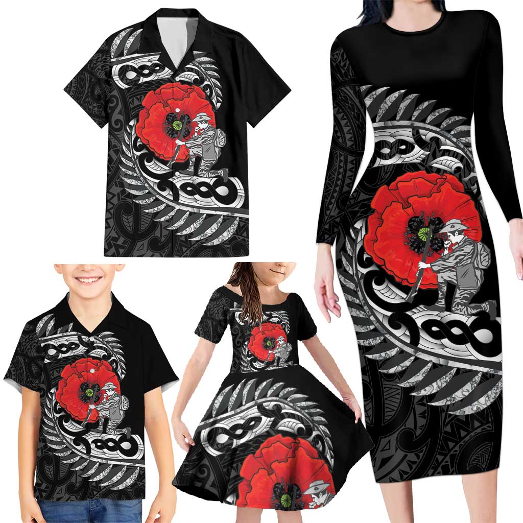 ANZAC Day Aotearoa Silver Fern Maori Personalised Family Matching Long Sleeve Bodycon Dress and Hawaiian Shirt