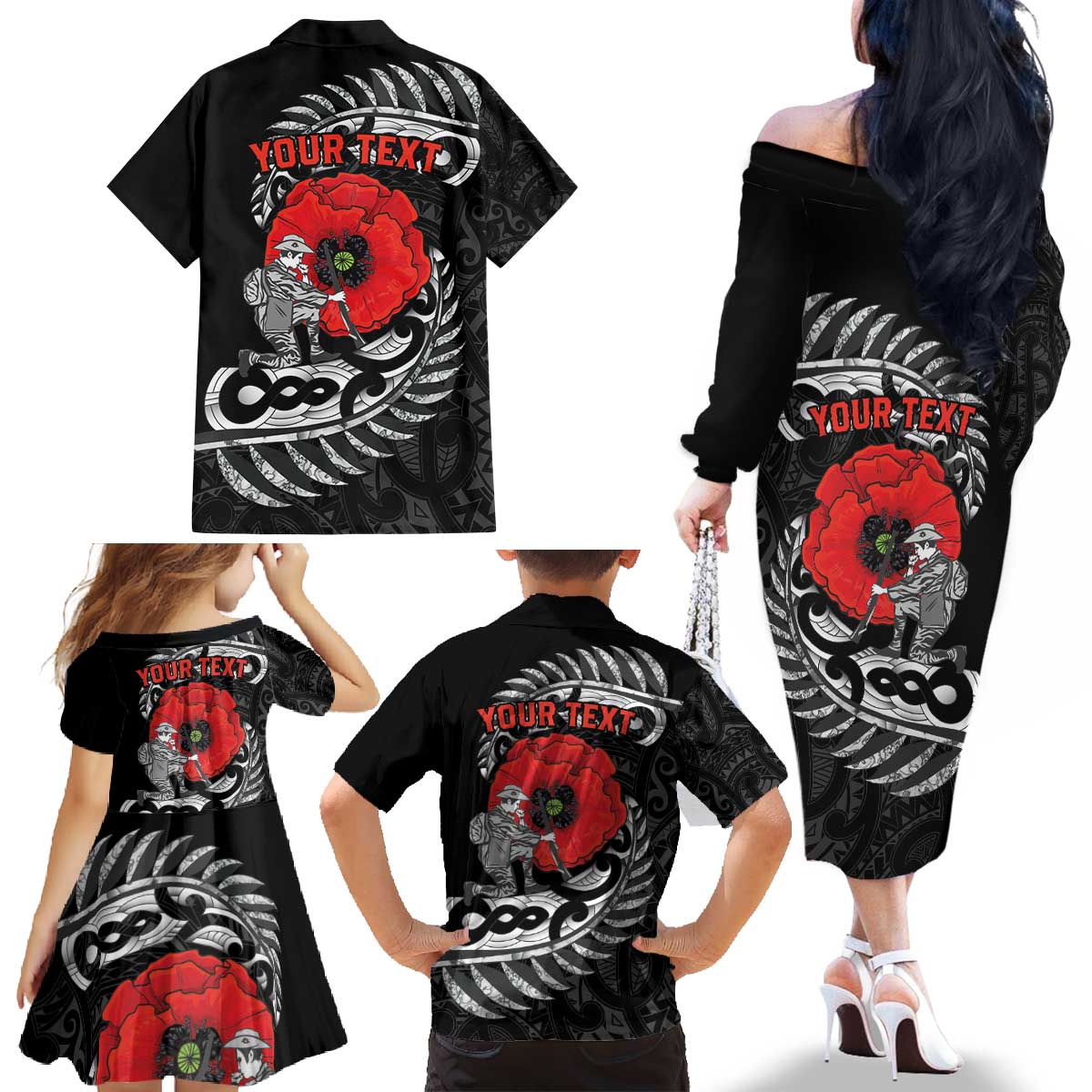 ANZAC Day Aotearoa Silver Fern Maori Personalised Family Matching Off The Shoulder Long Sleeve Dress and Hawaiian Shirt