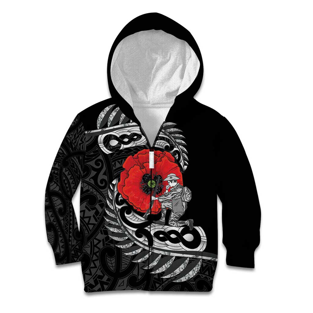 ANZAC Day Aotearoa Silver Fern Maori Personalised Kid Hoodie LT9 Zip Hoodie Black - Polynesian Pride