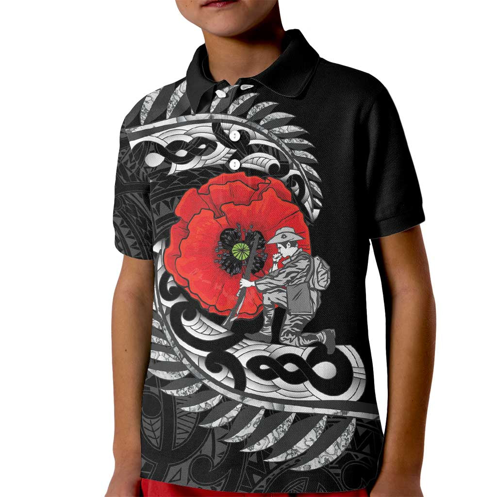 ANZAC Day Aotearoa Silver Fern Maori Personalised Kid Polo Shirt LT9 Kid Black - Polynesian Pride