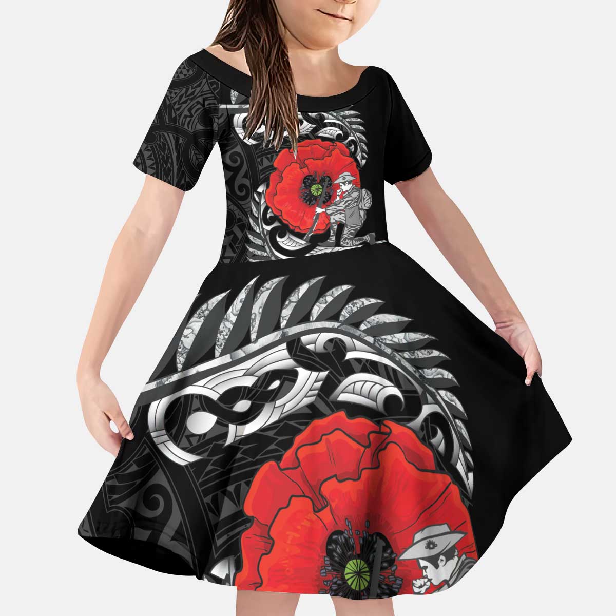 ANZAC Day Aotearoa Silver Fern Maori Personalised Kid Short Sleeve Dress