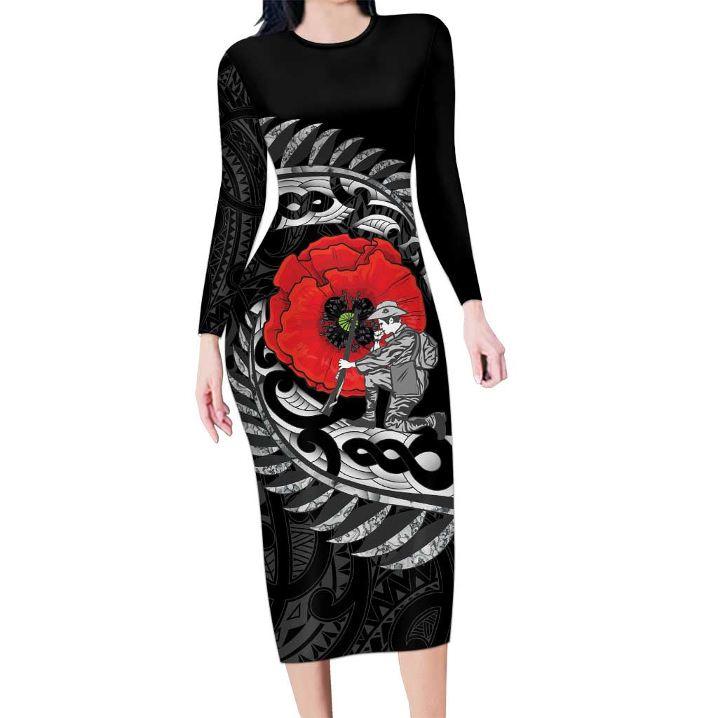 ANZAC Day Aotearoa Silver Fern Maori Personalised Long Sleeve Bodycon Dress LT9 Long Dress Black - Polynesian Pride
