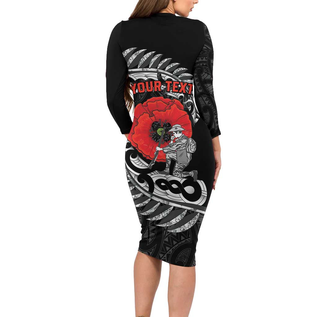 ANZAC Day Aotearoa Silver Fern Maori Personalised Long Sleeve Bodycon Dress LT9 - Polynesian Pride