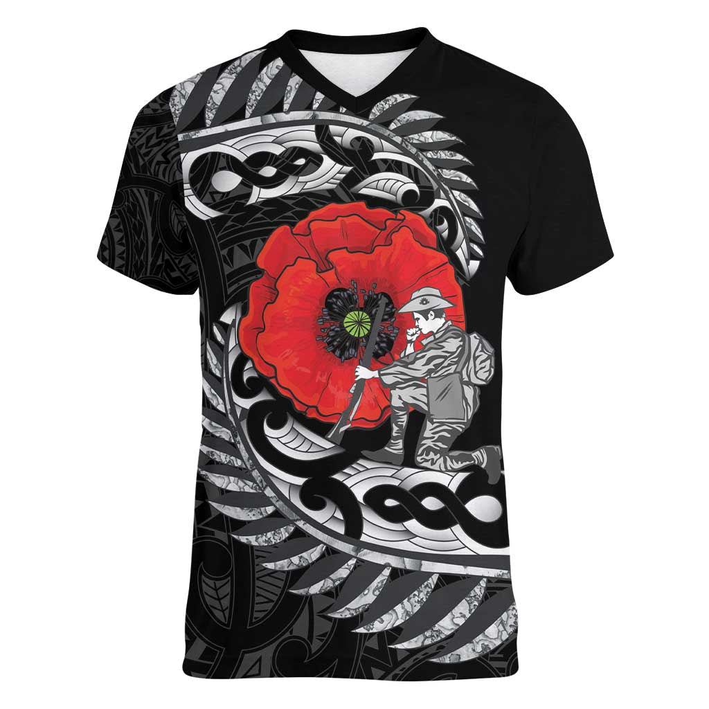 ANZAC Day Aotearoa Silver Fern Maori Personalised Women V-Neck T-Shirt LT9 Female Black - Polynesian Pride