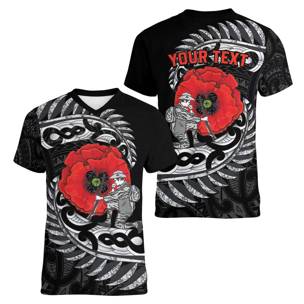 ANZAC Day Aotearoa Silver Fern Maori Personalised Women V-Neck T-Shirt LT9 - Polynesian Pride