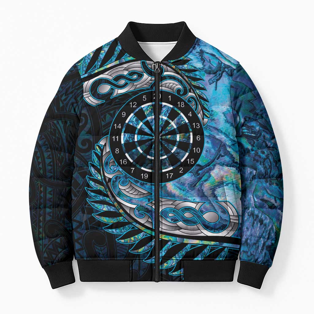 New Zealand Darts Personalised Bomber Puffer Jacket Aotearoa Silver Fern Blue Papua Shell Spirit - Polynesian Pride