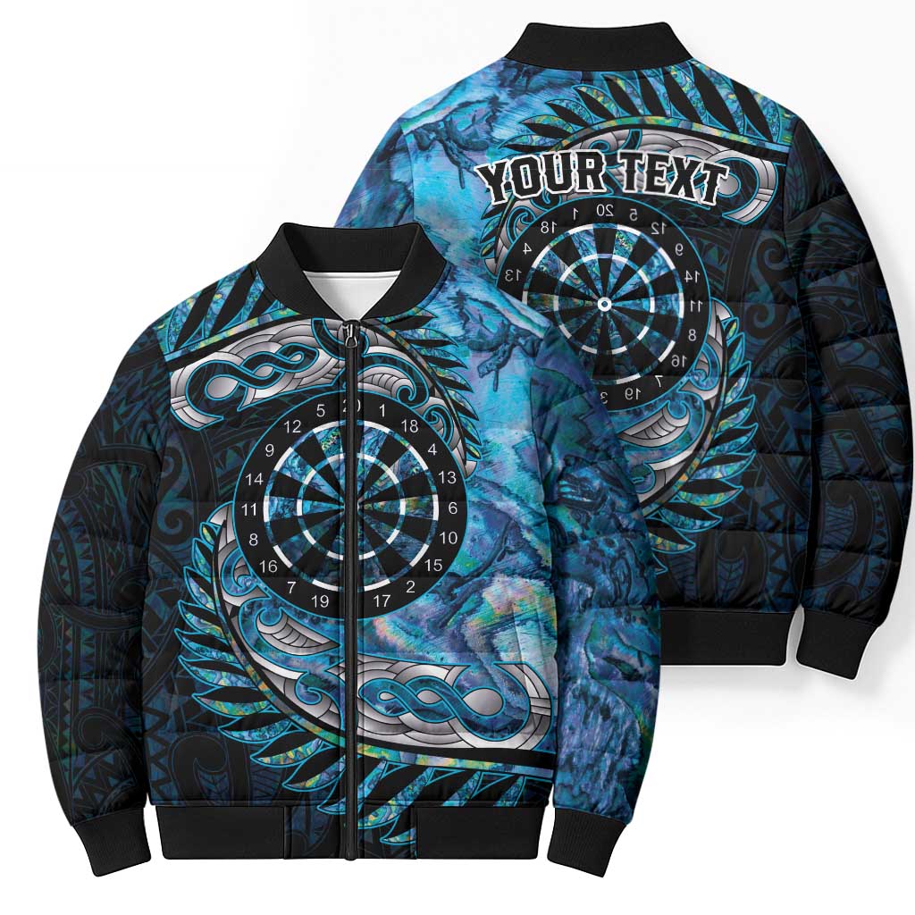 New Zealand Darts Personalised Bomber Puffer Jacket Aotearoa Silver Fern Blue Papua Shell Spirit - Polynesian Pride