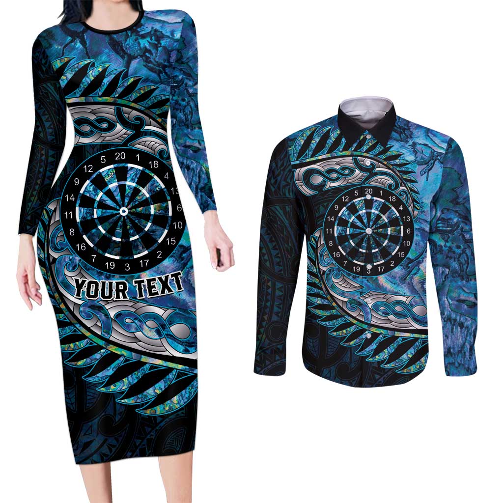 New Zealand Darts Personalised Couples Matching Long Sleeve Bodycon Dress and Long Sleeve Button Shirt Aotearoa Silver Fern Blue Papua Shell Spirit