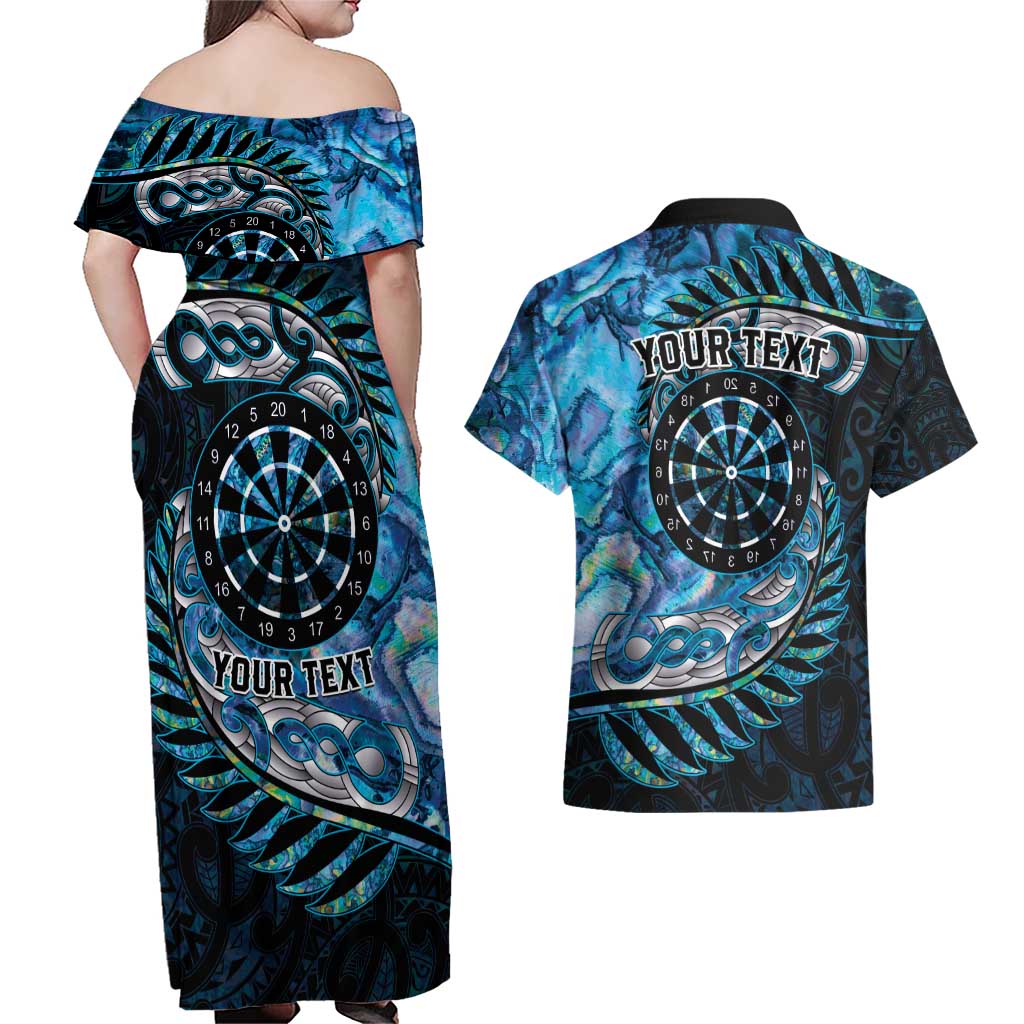 New Zealand Darts Personalised Couples Matching Off Shoulder Maxi Dress and Hawaiian Shirt Aotearoa Silver Fern Blue Papua Shell Spirit