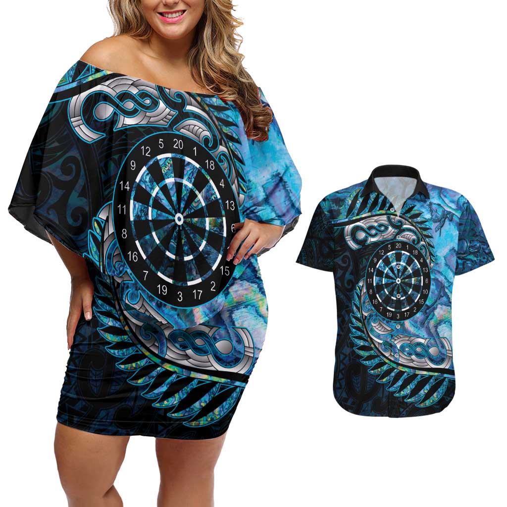 New Zealand Darts Personalised Couples Matching Off Shoulder Short Dress and Hawaiian Shirt Aotearoa Silver Fern Blue Papua Shell Spirit
