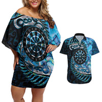 New Zealand Darts Personalised Couples Matching Off Shoulder Short Dress and Hawaiian Shirt Aotearoa Silver Fern Blue Papua Shell Spirit