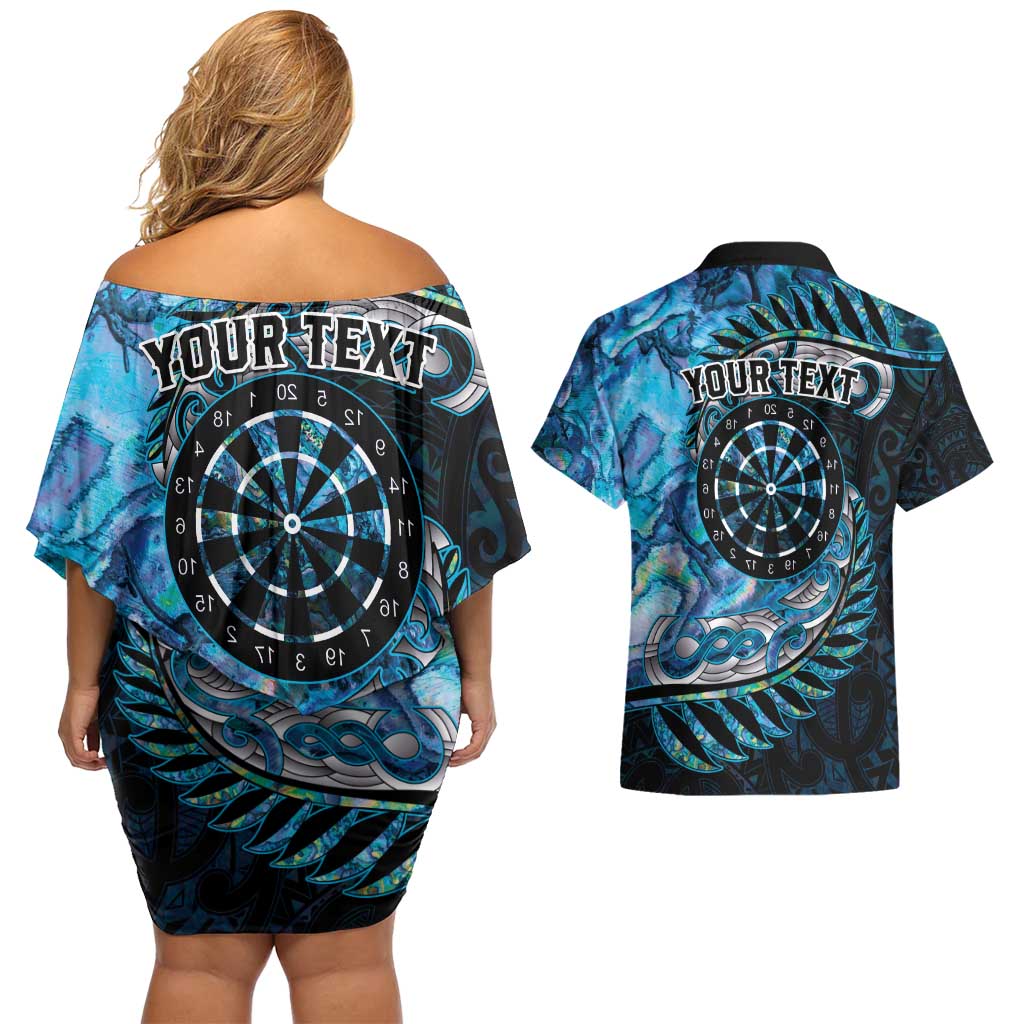 New Zealand Darts Personalised Couples Matching Off Shoulder Short Dress and Hawaiian Shirt Aotearoa Silver Fern Blue Papua Shell Spirit