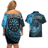 New Zealand Darts Personalised Couples Matching Off Shoulder Short Dress and Hawaiian Shirt Aotearoa Silver Fern Blue Papua Shell Spirit