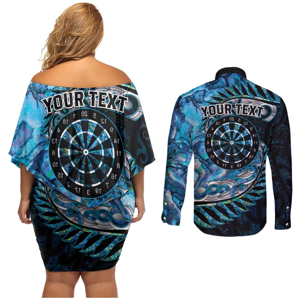 New Zealand Darts Personalised Couples Matching Off Shoulder Short Dress and Long Sleeve Button Shirt Aotearoa Silver Fern Blue Papua Shell Spirit