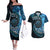 New Zealand Darts Personalised Couples Matching Off The Shoulder Long Sleeve Dress and Hawaiian Shirt Aotearoa Silver Fern Blue Papua Shell Spirit