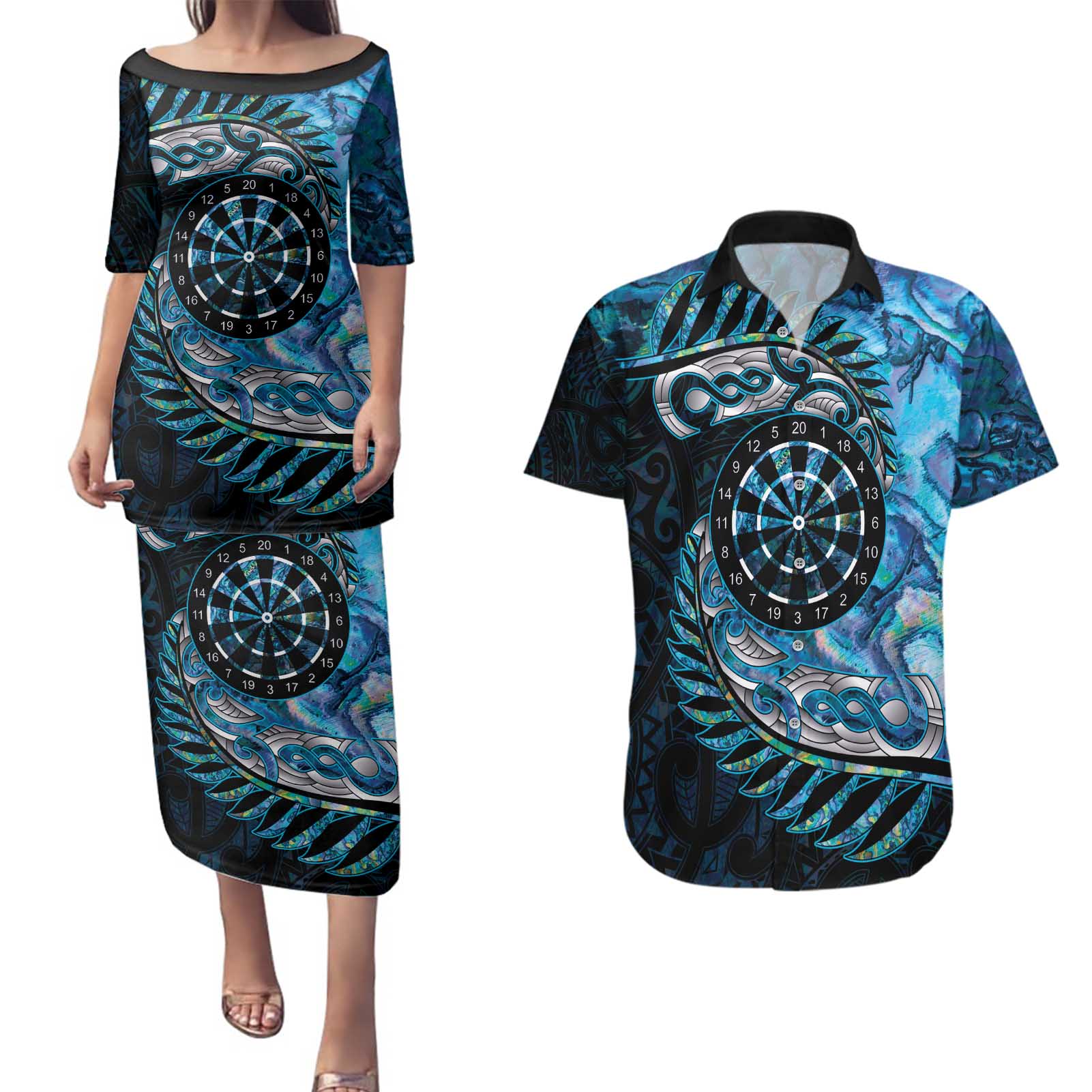 New Zealand Darts Personalised Couples Matching Puletasi and Hawaiian Shirt Aotearoa Silver Fern Blue Papua Shell Spirit