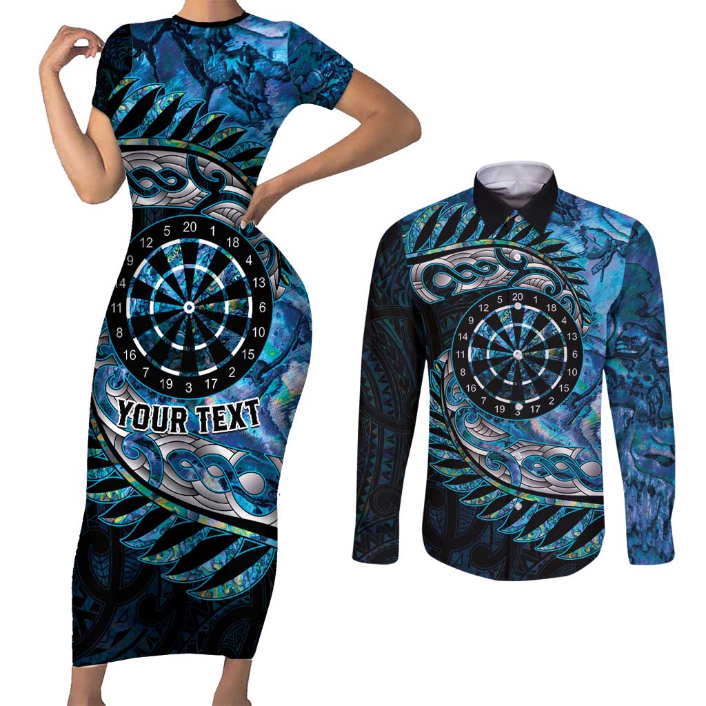 New Zealand Darts Personalised Couples Matching Short Sleeve Bodycon Dress and Long Sleeve Button Shirt Aotearoa Silver Fern Blue Papua Shell Spirit